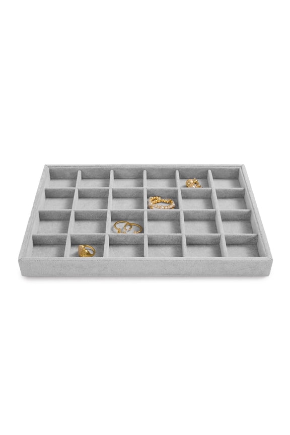 Grey Velvet 24-Grid Jewelry Organizer Tray, stackable jewelry tray for Drawer Insert, 13.78" x 9.45"