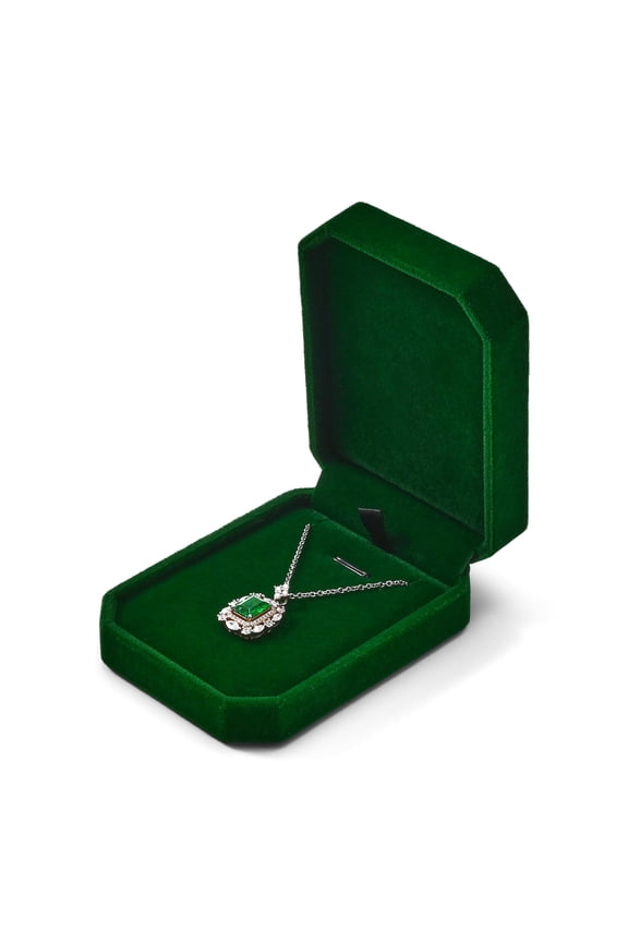 Emerald Green Velvet Necklace & Pendant Box - Vintage Octagonal Jewelry Case for Bridal, Anniversary & Holiday Gifts