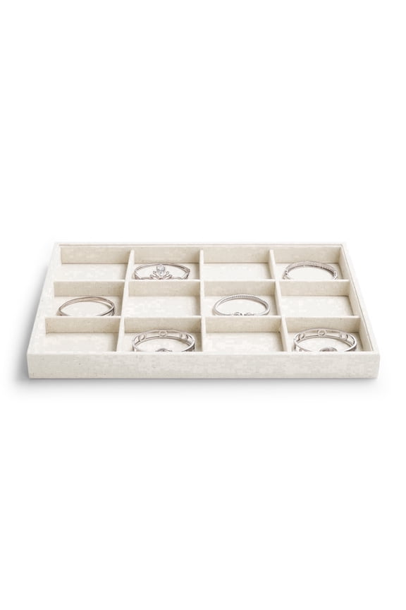 Beige Linen 12-Grid Jewelry Organizer Tray, stackable jewelry tray for Drawer Insert, 13.78" x 9.45"