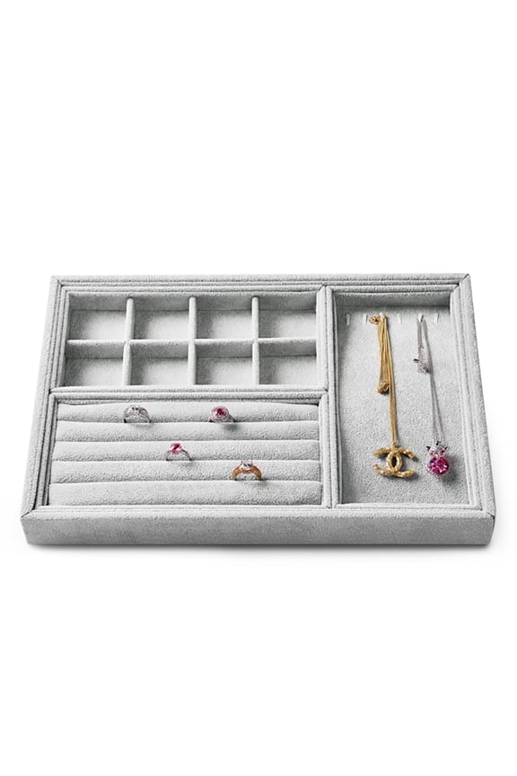 4-in-1 Gray Velvet Jewelry Tray, 13.78"x9.45" Jewelry Drawer Organizer Inserts, Stackable Jewelry Trays for Rings & Ear Studs