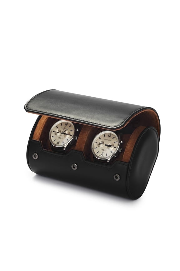 Black Leather 2-Slot Watch Roll, Velvet Lined Travel Watch Case for Men & Women