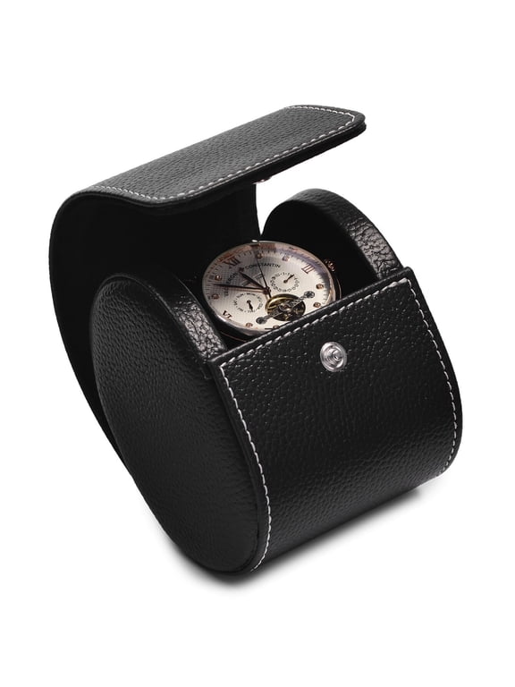 Black Leather Watch Roll, Luxury Velvet Lined Travel Watch Case for Men & Women