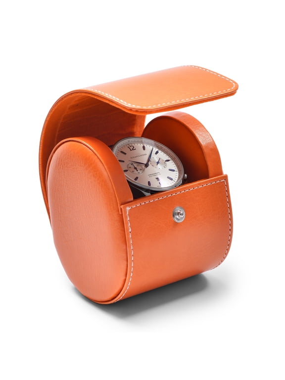 2.95" Orange Leather Single Watch Roll, Travel Case with Soft Velvet Lining for Men & Women