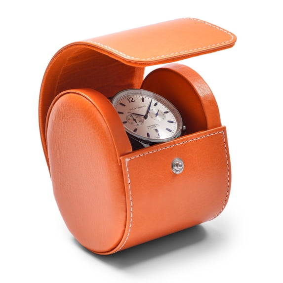 Oirlv 2.95" Orange Leather Single Watch Roll, Travel Case with Soft Velvet Lining for Men & Women