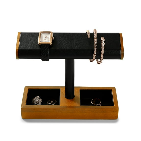 Oirlv Solid Wood Watch Stand Display T-Bar Watch Holder, Leather, Black, 2 Grids