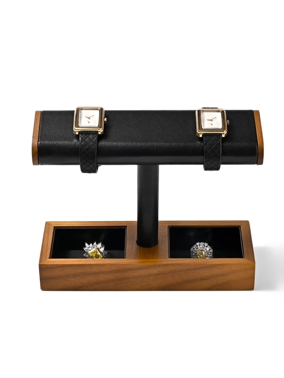 Solid Wood Watch Stand Display T-Bar Watch Holder, Leather, Black