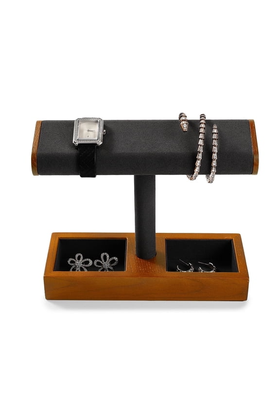 7.87" Solid Wood Watch & Jewelry Stand, Gray Microfiber Bracelet Holder with Storage Tray for Vanity