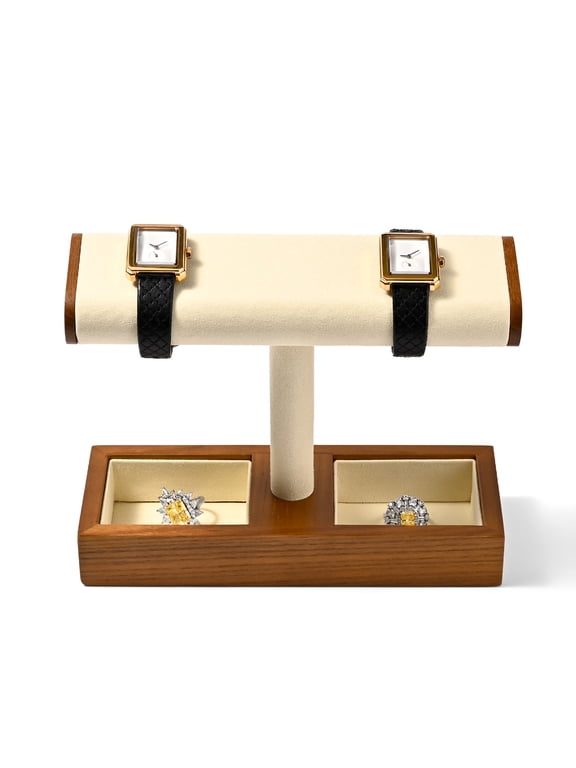 7.87" Wood & Microfiber Jewelry Stand | Bracelet & Watch Display Holder with Storage Compartments