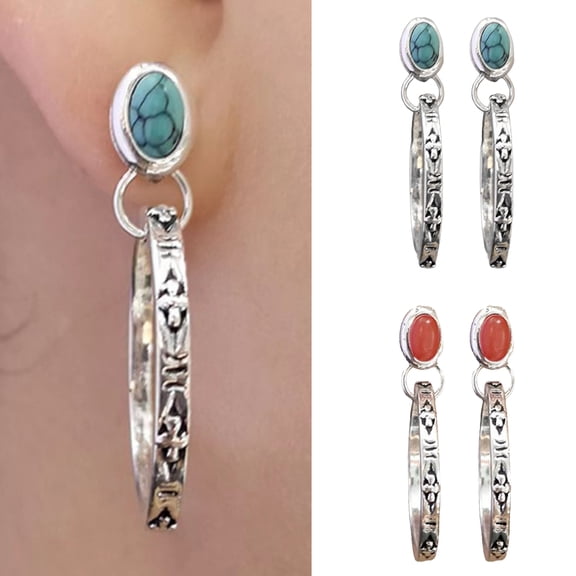 Oiur 1 Pair Women Bohemian Earrings Faux Turquoise Vintage Style Jewelry Faux Agate Engraved Round Shape Hoop Earrings Prom Travel Dangle Earrings,Red