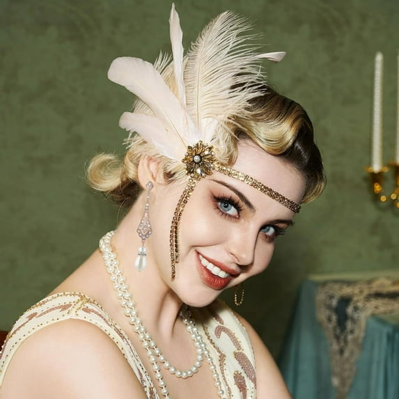 Oiur 1920s Jewelry Set Headband Gloves Earrings Set Sparkling Earrings Headwear with Sequins Beads Role-Playing Accessories,D