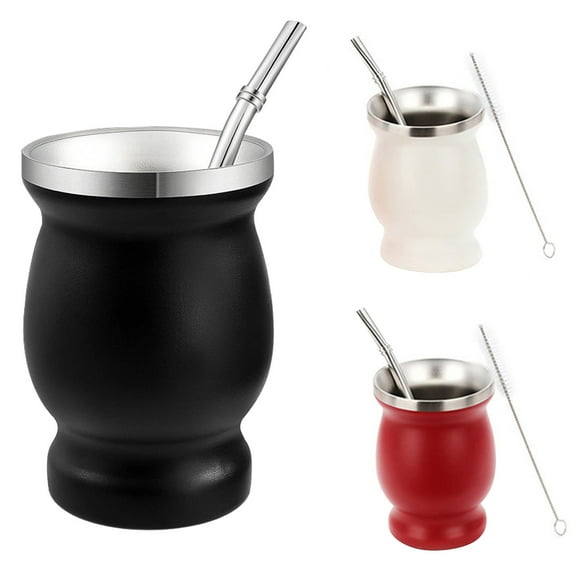 Oiur 1Set Yerba Mate Cup Double Wall Stainless Steel Gourd Shape Cup with Bombilla Teacup Cleaning Brush Antioxidant Rich Energy Tea