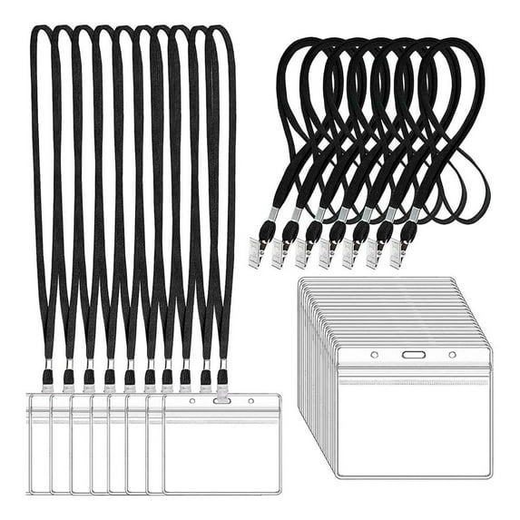 Oiur 20 Pcs ID Card Holders with Lanyards Clear Waterproof Resealable Horizontal or Vertical Name Tags Badge Holders And Lanyard Necklaces with Clip for Office School Events,Black A