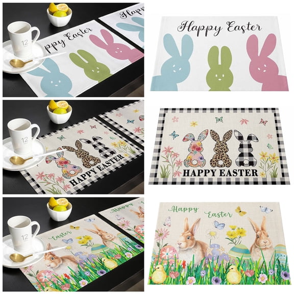 Oiur 6Pcs Easter Non-slip Heat-resistant Rectangle Household Placemat Easter Rabbit Pattern Linen Table Mat Kitchen Supplies