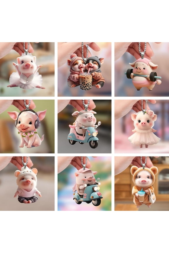 Acrylic Cartoon Pig Hanging Decoration with Bead Chain Car Rearview Mirror Pig Ornament Keychain Backpack Animal Pendant Birthday Gift