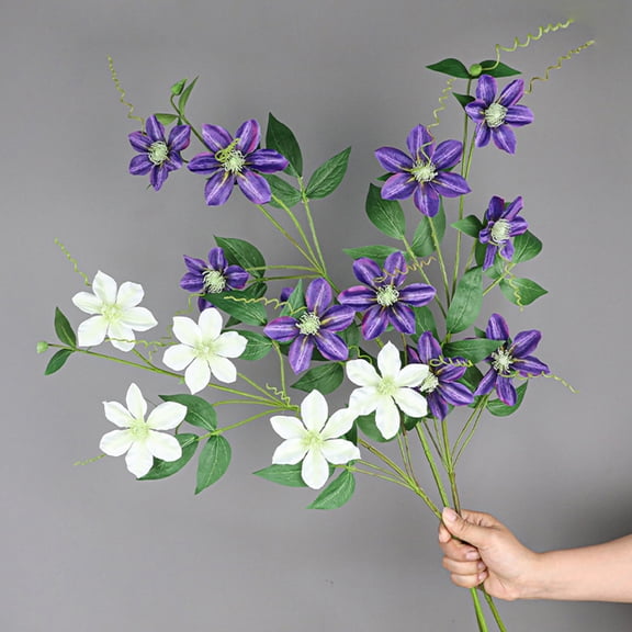 Oiur Artificial Flower Realistic 5-Head Clematis Fake Flower Easy-care Simulation Flower for Wedding Home Decor