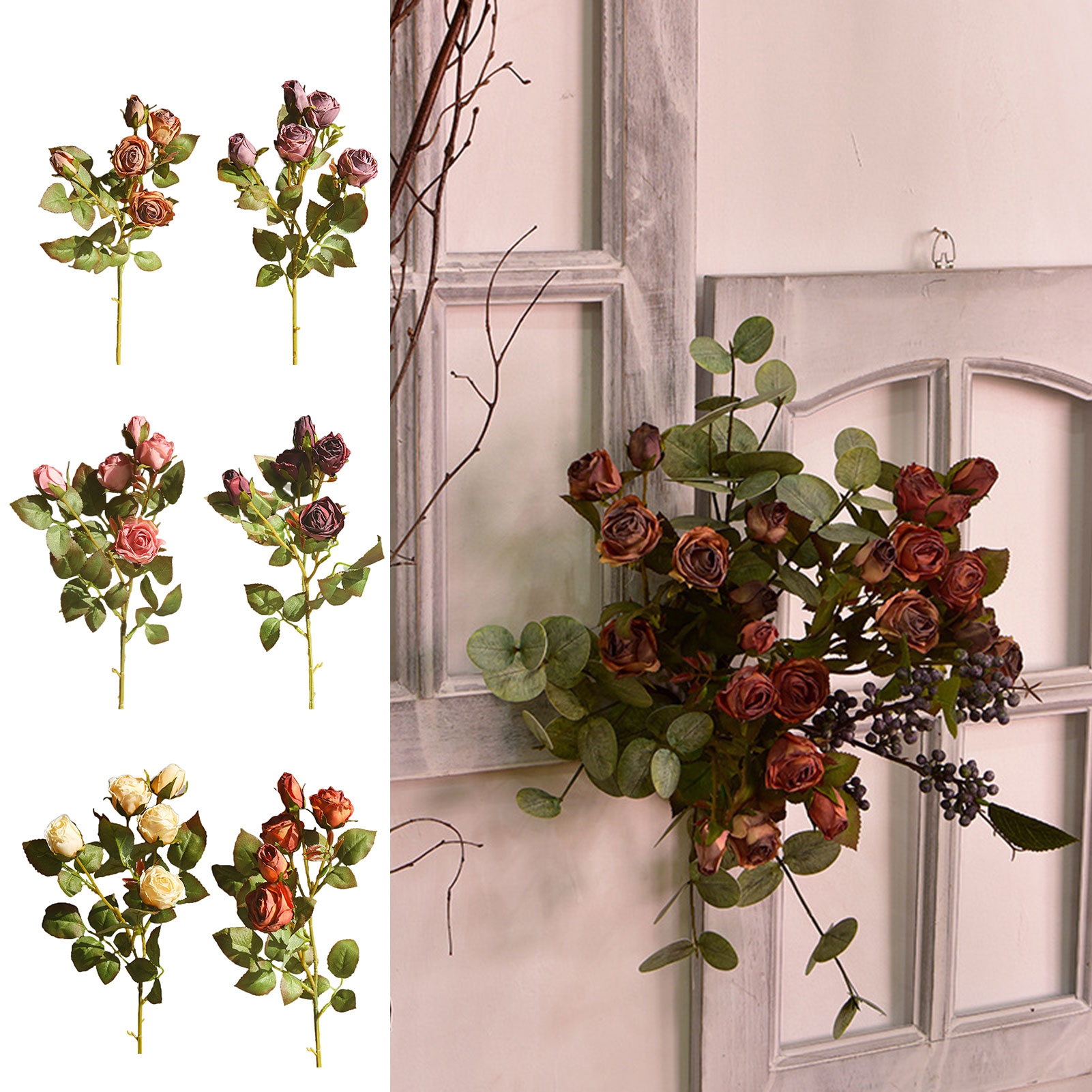 Oiur Artificial Rose Flower Branch with Stem Burnt Edge Green Leaves ...