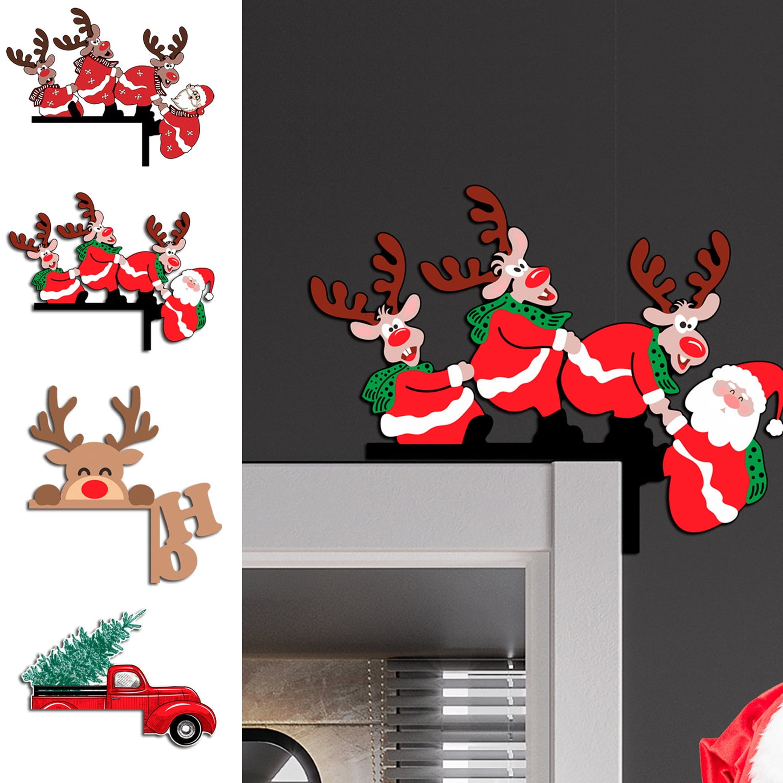 Oiur Christmas Door Corner Frame Decoration Festive Santa Claus Reindeer Wooden Trim Xmas Party 