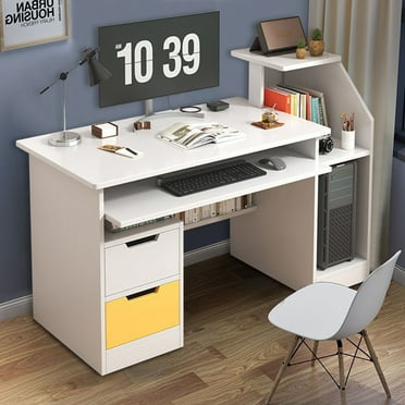 Oiur Computer Desk with 2 Drawers and 3 Hutch Shelves,Computer Desk,White Wood Executive Desk Writing Study Table with Wide Desktop and Keyboard Drawer for Bedroom,Home Office