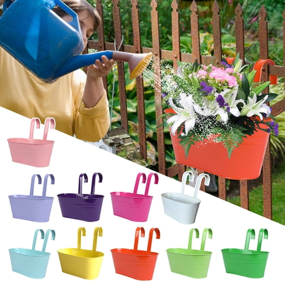 Oiur Metal Hanging Planter Window Flower Plant Holder with Drain Holes Removable Dual Hooks Flower Pot for Balcony Railing Fence,Light Blue