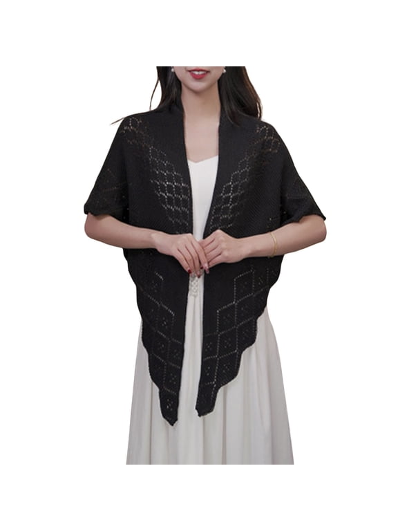 Women Knitting Shawl,Solid Color Fringe Design Lightweight Versatile Hollow Shawl,Open Knitted Pattern Shawl Wrap,Black