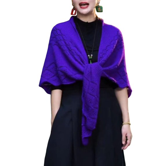 Oiur Women Knitting Shawl,Solid Color Fringe Design Lightweight Versatile Hollow Shawl,Open Knitted Pattern Shawl Wrap,Purple