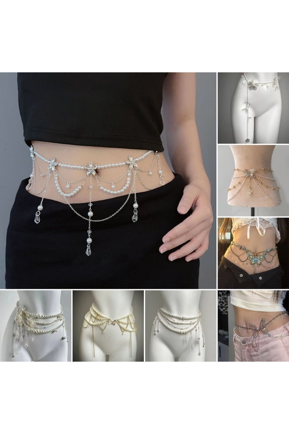 Women Waist Chain with Tassel Butterfly Flower Charm Faux Pearl Belt Chain Multi-layered Beaded Belly Jewelry Dance Performance Club Party Body Jewelry for Bikini Dress T-Shirt Pants,C