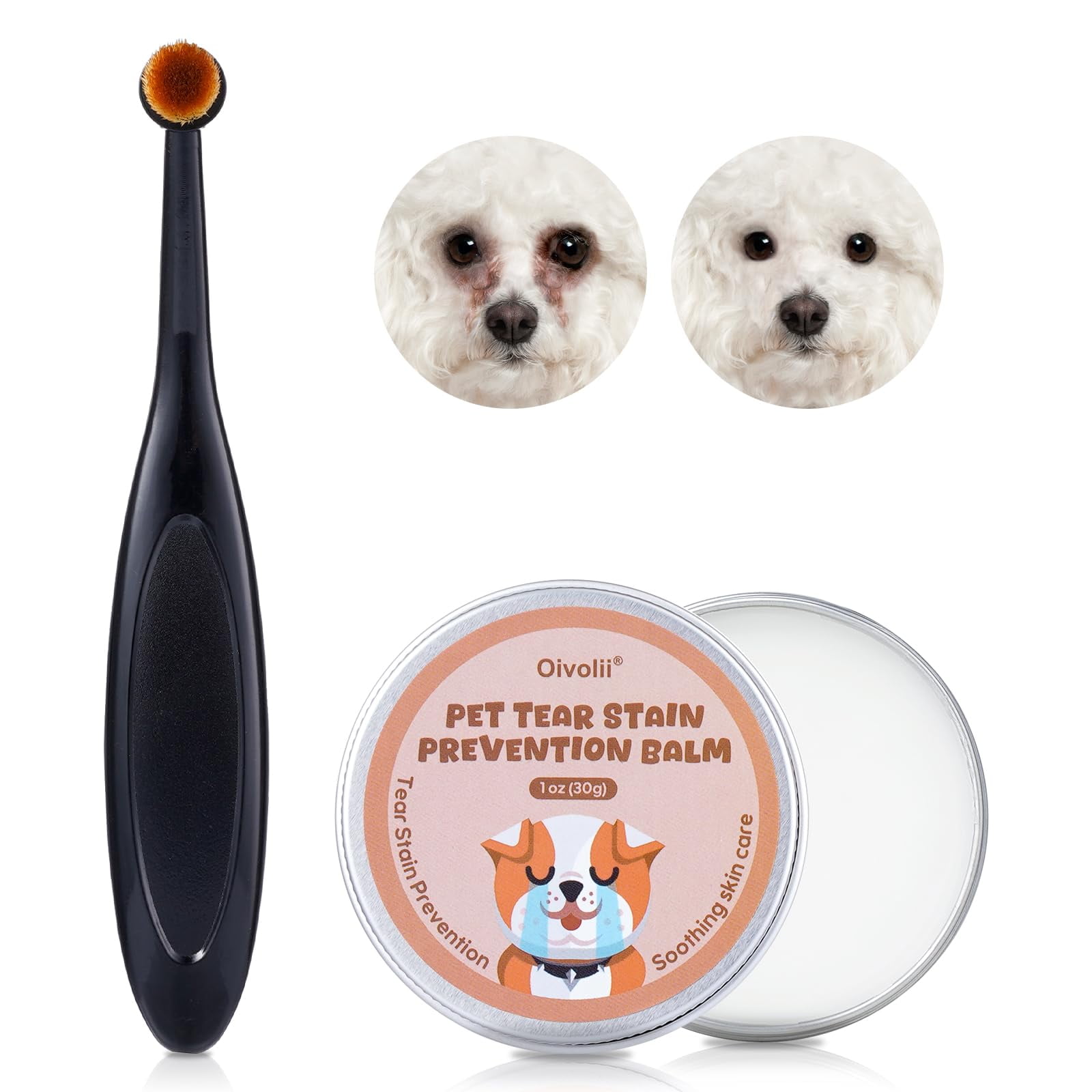 Oivolii Pet Tear Stain DHF10 Remover Balm with Pro Powder Brush,Eye