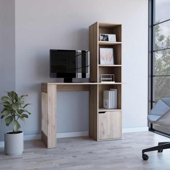 Oiwa Computer Desk with Bookcase and Cabinet Light Gray