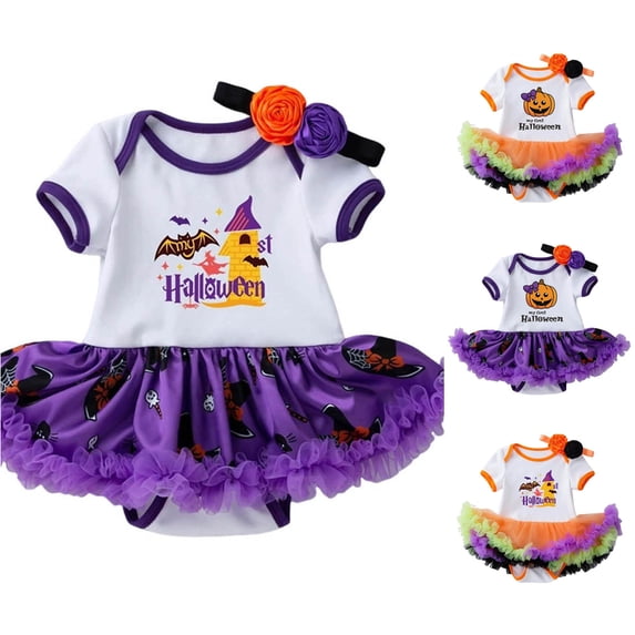 Oiyii Baby's My First Halloween Pumpkin Graphic Romper Short Sleeve Halloween Bodysuit Halloween Photo Jumpsuit,Purple