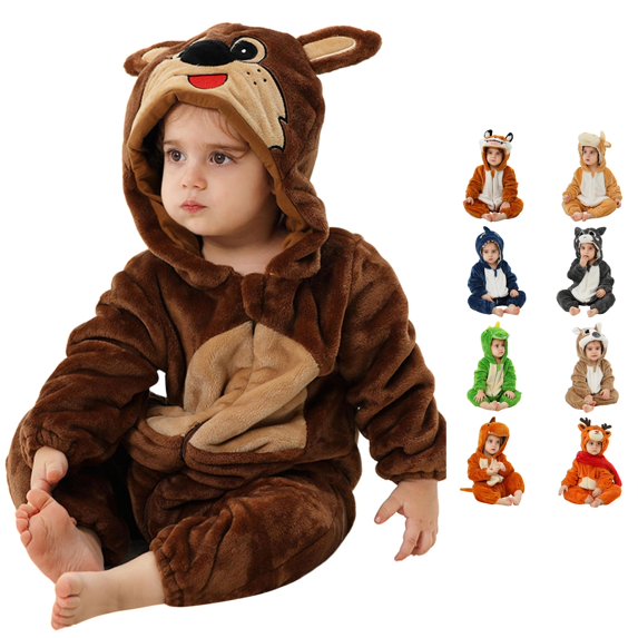 Oiyii Baby's Shark Character Jumpsuit Long Sleeve Hooded Halloween Romper Daily Onesie,Brown