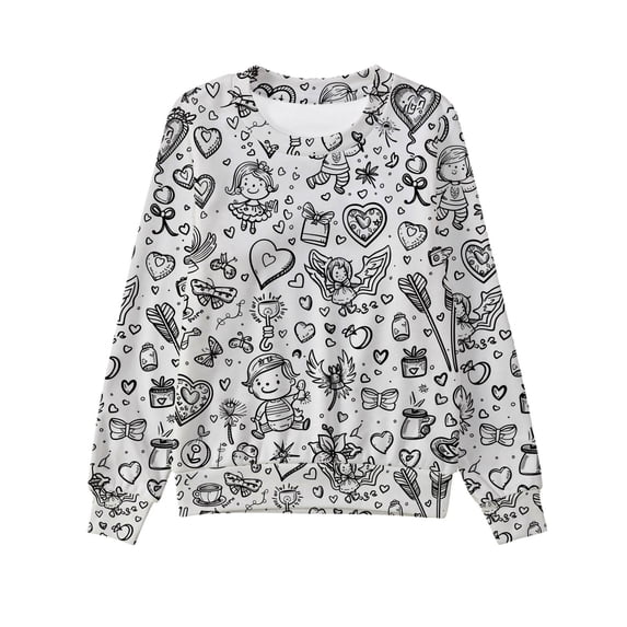 Oiyii Big Boy's Doodle Graphic Sweatshirt Long Sleeve Cartoon Heart Full Print Play Casual Pullover Top,White