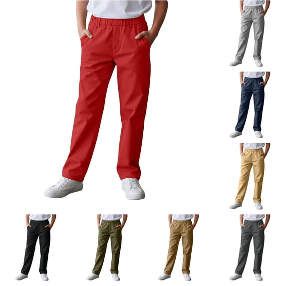 Oiyii Big Boy's Elastic Waist Chino Pants Solid Straight Leg Casual Trousers Everyday School Pants,Red