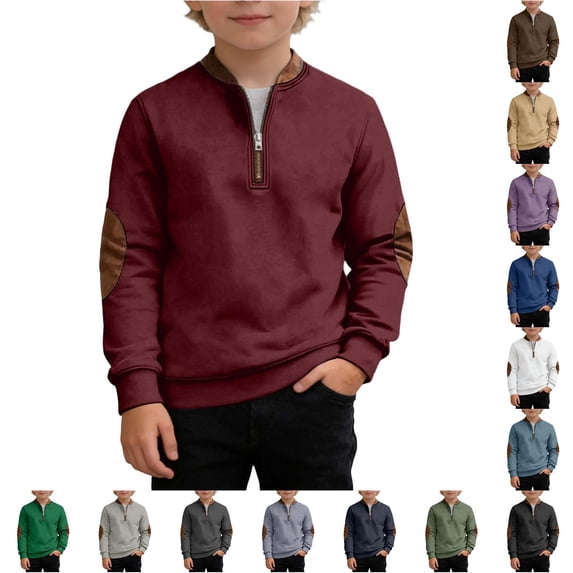 Oiyii Big Boys' Elbow Patch Half Zip Sweatshirt Solid Long Sleeve Stand Collar Casual Top School Sweatshirts,