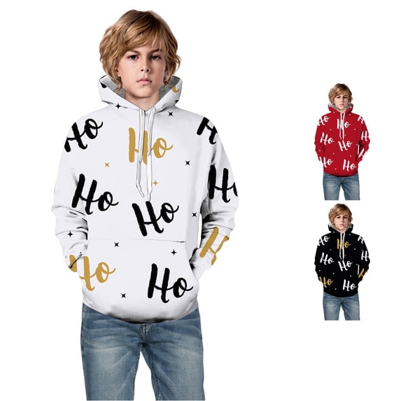 Oiyii Big Boys' Holiday Pullover Hoodie Letter All Over Print Long Sleeve Casual Hooded Sweatshirt Fashion Pullover Top,White