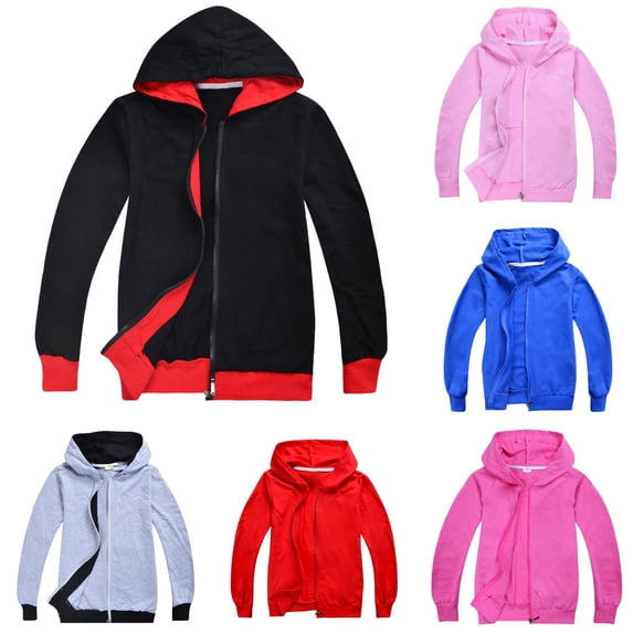 Oiyii Big Boys' Zip Up Hoodie Solid Contrast Lining Long Sleeve Casual Hooded Sweatshirt Daily Hoodies,Black