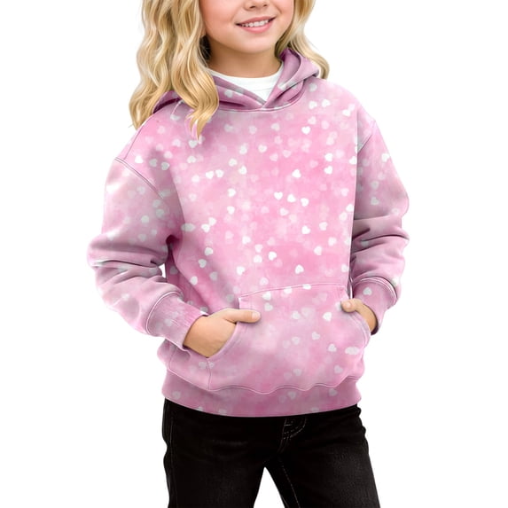 Oiyii Big Girl's All Over Print Hoodie Long Sleeve Heart Pattern Pullover Daily Hooded Sweatshirt,Pink