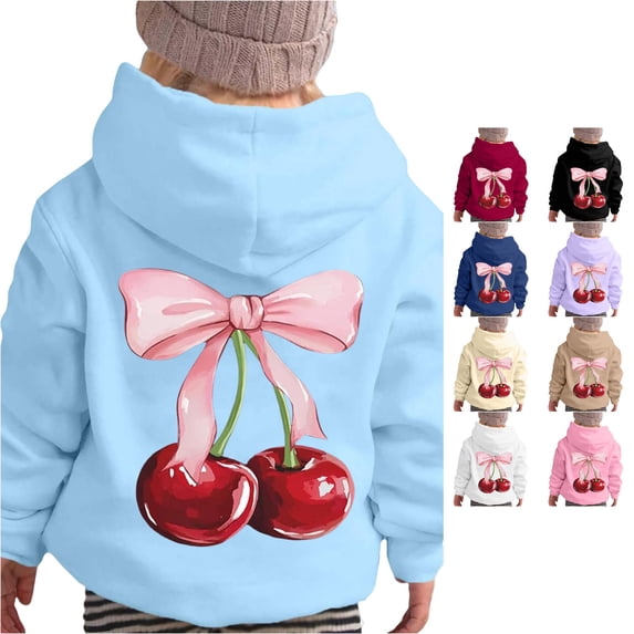 Oiyii Big Girl's Cherry Pink Bow Back Graphic Hoodie Long Sleeve Casual Hooded Sweatshirt Pullover Top,Sky Blue