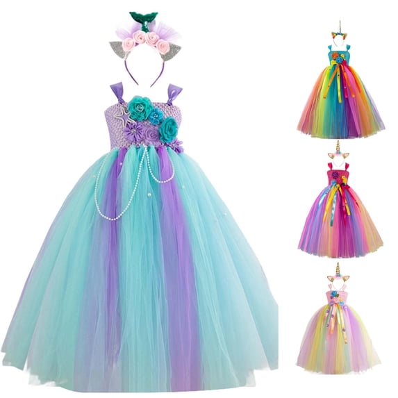 Oiyii Big Girl's Fluffy Summer Halloween Tutu Dress Sleeveless Spaghetti Strap Floral Print Princess Gown,Blue
