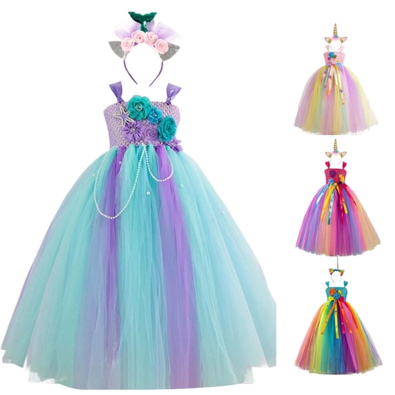 Oiyii Big Girl's Halloween Tutu Dress Spaghetti Strap Floral Formal Party Gown Holiday Pageant Frock,Blue