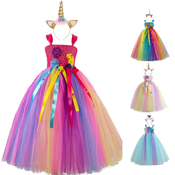 Oiyii Big Girl's Halloween Tutu Dress Spaghetti Strap Floral Formal Party Gown Holiday Pageant Frock,Pink