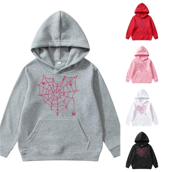 Oiyii Big Girl's Heart Spider Web Graphic Hoodie Long Sleeve Printed Casual Hooded Sweatshirt Halloween Pullover Top,Grey