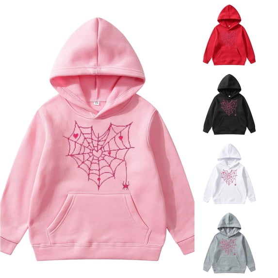 Oiyii Big Girl's Heart Spider Web Graphic Hoodie Long Sleeve Printed Casual Hooded Sweatshirt Halloween Pullover Top,Pink