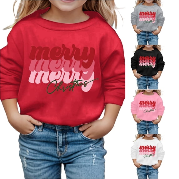 Oiyii Big Girl's Holiday Graphic Sweatshirt For Big Girls Long Sleeve Stacked Merry Letter Print Play Casual Pullover Top,Red