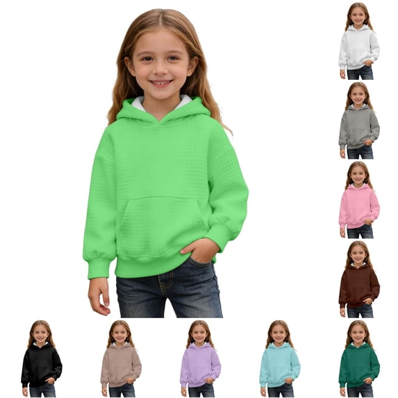 Oiyii Big Girl's Waffle Knit Solid Hoodie Sweatshirt Long Sleeve Casual Hooded Sweatshirt Outdoor Pullover Top,Green