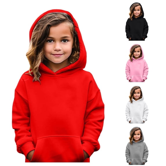 Oiyii Big Girls' Basic Pullover Hoodie Solid Long Sleeve Casual Hooded Sweatshirt Blank Pullover Top,Red