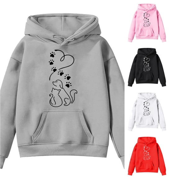 Oiyii Big Girls Cat Dog Paw Line Graphic Hoodie Long Sleeve Printed Casual Hooded Sweatshirt Daily Play Pullover Top,Grey