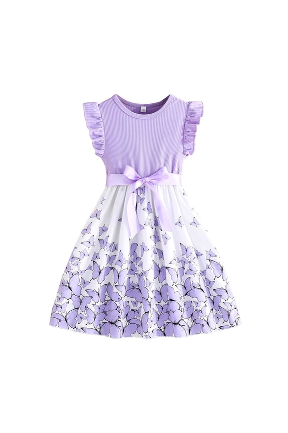 Big Girls Dresses Butterfly Print Bow Belted Ruffle Sleeves Round Neck Patchwork Dress