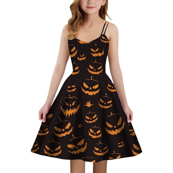 Oiyii Big Girls Halloween Dress Spaghetti Strap Pumpkin Printed Swing Dresses Holiday Party Frock,Black