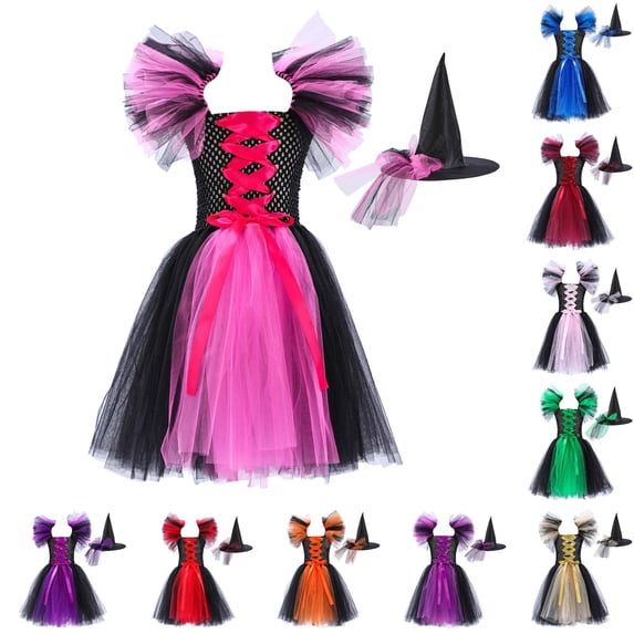 Oiyii Big Girls Lace Up Halloween Dress Ruffle Sleeve Tiered Flowy Dresses Holiday Party Gown,B