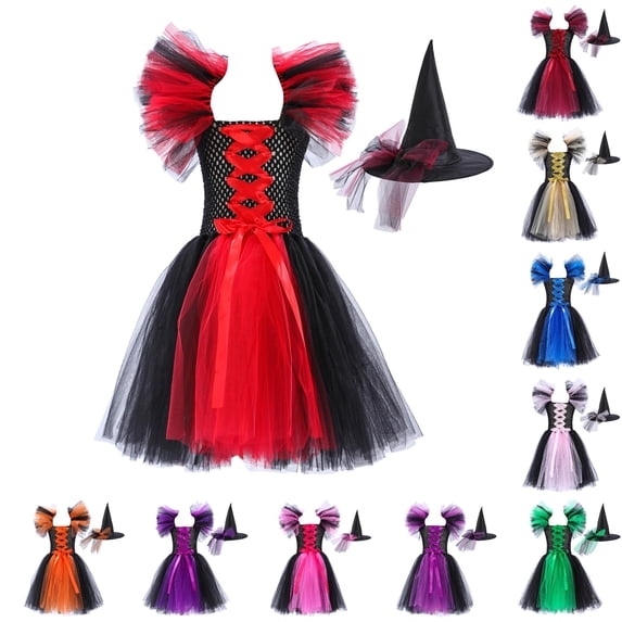Oiyii Big Girls Lace Up Halloween Dress Ruffle Sleeve Tiered Flowy Dresses Holiday Party Gown,D